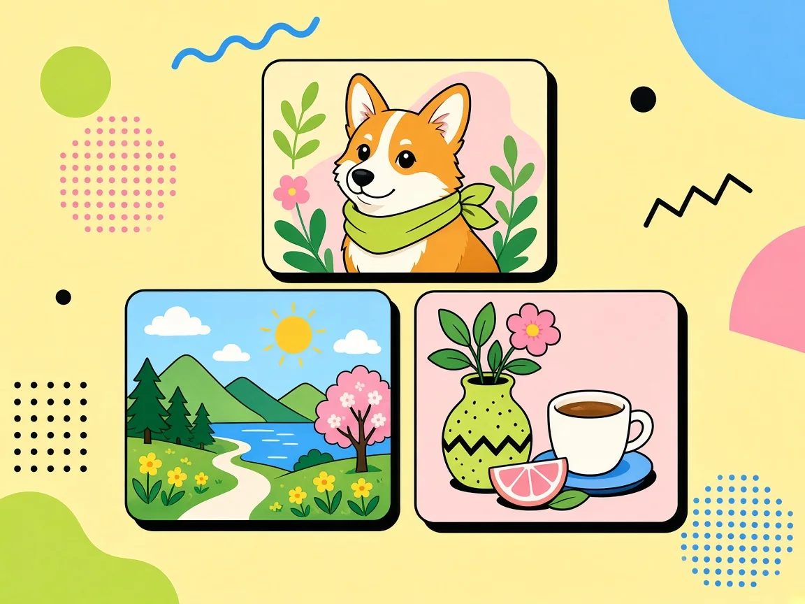 Sample AI-generated images in a playful collage: pet portrait, travel landscape, and product still life